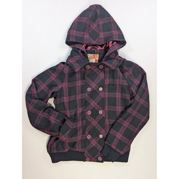 Billabong Jackets & Blazers - Billabong Womens Plaid Double Breasted Hooded Jacket Burgundy Black Pea Coat L